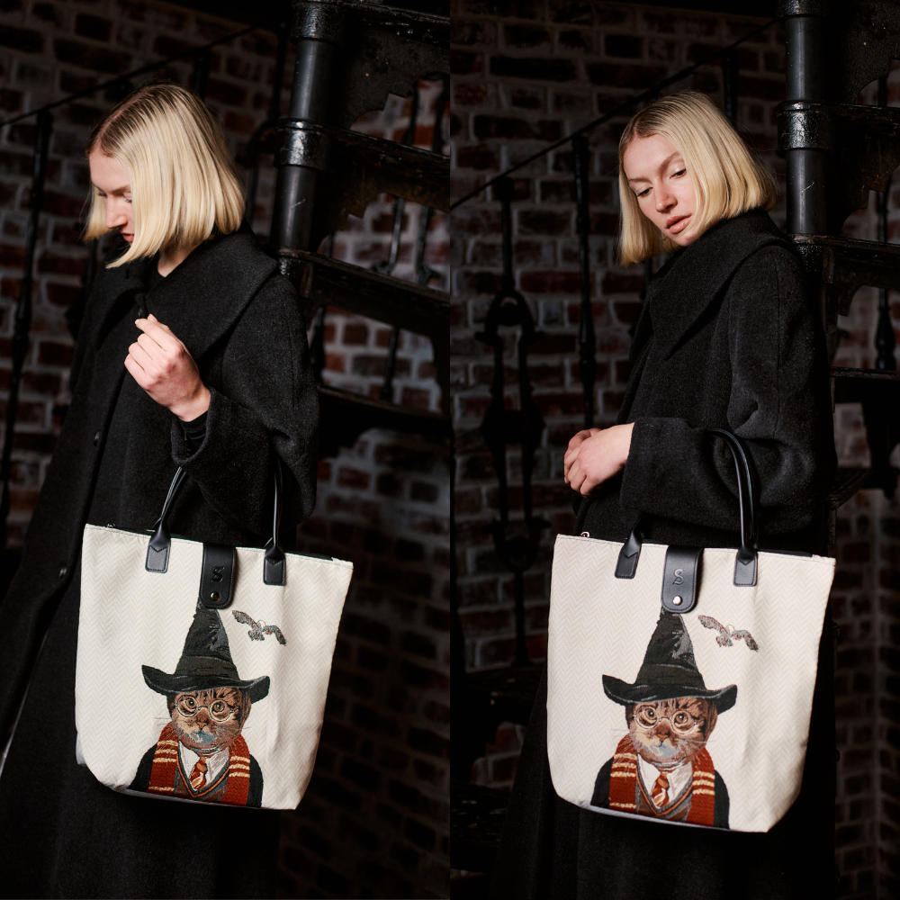 Folding Bag “Magical Cat” – Shopper Dobrável em Tapeçaria Vegana