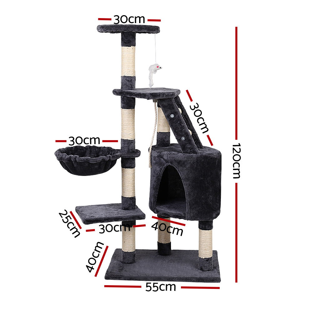 Torre Arranhadora Multi-Níveis 120 cm – Sisal, Cama, Brinquedos e Casinha